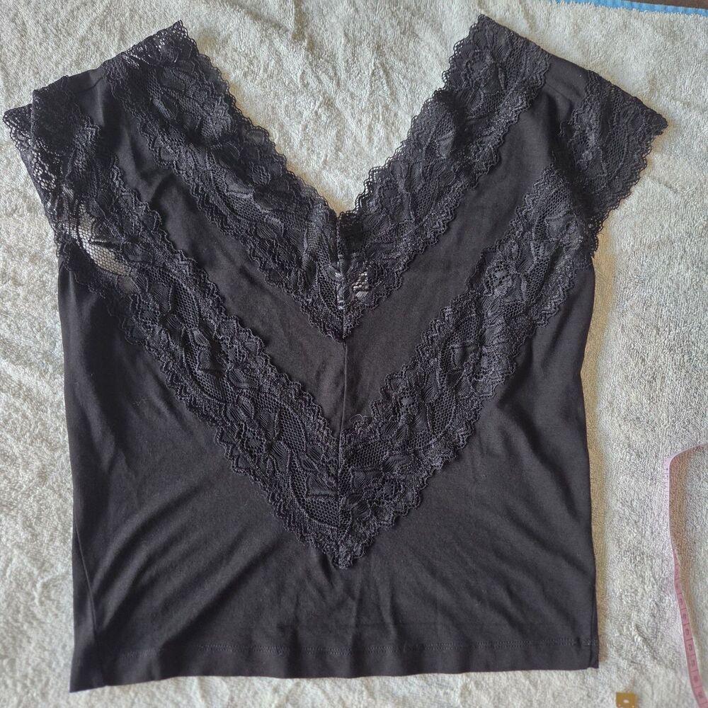 VENUS Black Lace V Neck Top XS Y2K Fairy Grunge Goth Coquette Stretch Tee